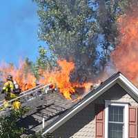 <p>The blaze broke out in the attached three-car garage and quickly spread through the Wyckoff Avenue home in Mahwah.</p>