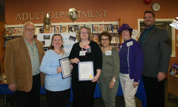 L to R: Councilman Richard Hughes, Barbara Coughlin, woman&#x27;s club secretary, Christine Robertson, club president, Marion Papadogonas, club treasurer, Micki Prokop, club director, and Councilman Mario Karcic.