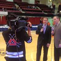 <p>David Resnick, left, now play-by-play announcer for te Westchester Knicks, got his start calling games at New Rochelle High School.</p>