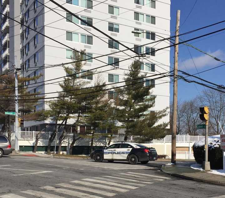 A police cruiser blocks Hillandale Avenue close to Stamford High School on Tuesday afternoon after a bomb threat.