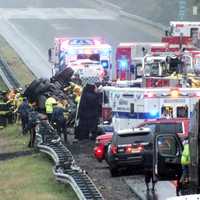 <p>The rig landed on its roof on the median guardrail of northbound Route 287 in Mahwah.</p>