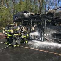 Tractor-Trailer Car Carrier, Vehicles On Board Becoming Fully Engulfed In Flames On I-95