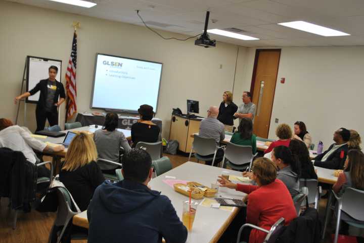 Shep Verbas, a 23-year-old board member of the Gay, Lesbian &amp; Straight Education Network explains the importance of respectful language to educators from across the region at a workshop on “Understanding Our Transgender Youth.”