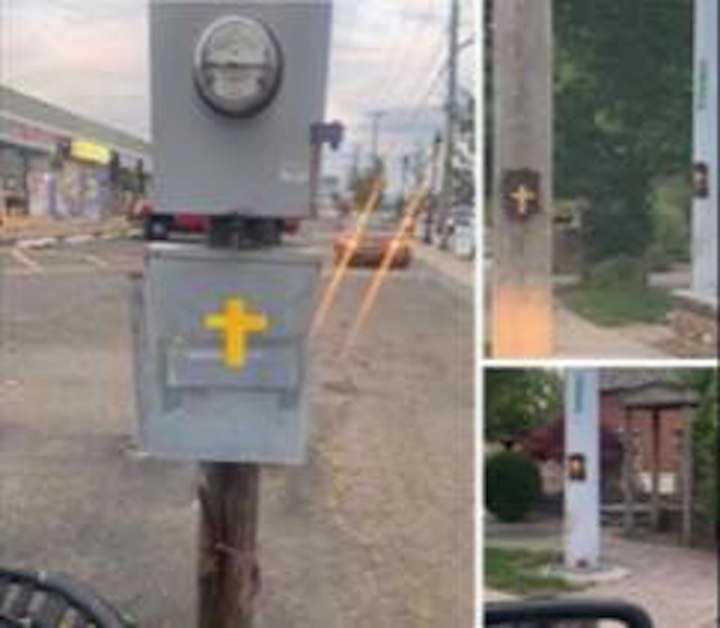 Yellow crosses painted on utility poles and other items have nothing to do with current protests.