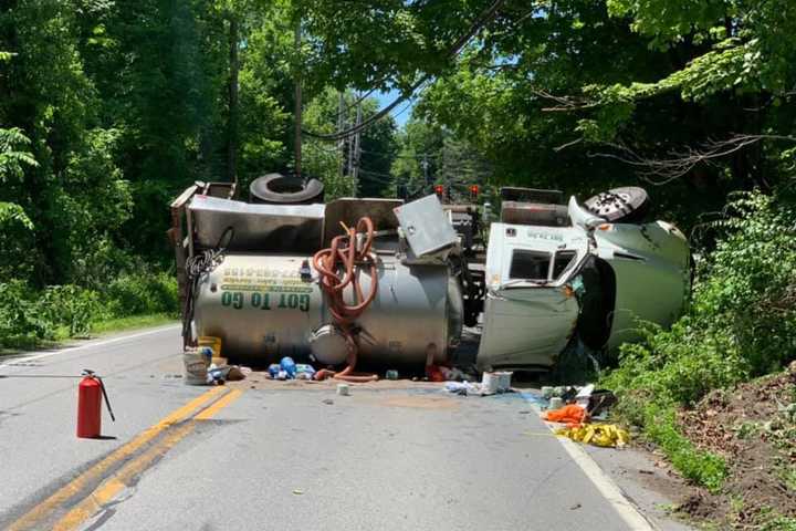 Crash Involving Overturned Tanker Truck Leads To Road Closure