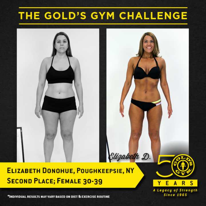 Before/after photos of Elizabeth Donohue of Poughkeepsie, this year&#x27;s winner in the Gold&#x27;s Gym Fitness Challenge for the 30-39 age division among women. Donohue went on to win the overall female contest and placed second nationally in her age group.