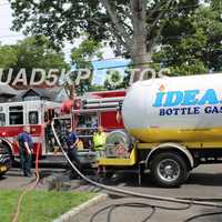 <p>West Islip firefighters responded to a gas-fed propane tank fire.</p>