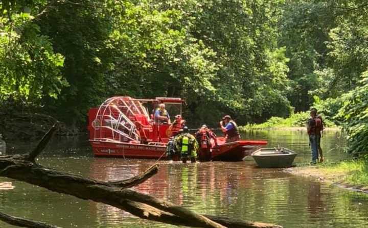 Mahwah Res1cue boat on the Ramapo River on Thursday.