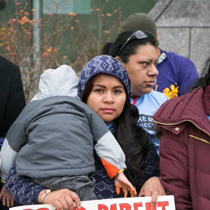 A rally at the Stamford courthouse on Wednesday calls for support for immigrants&#x27; rights.