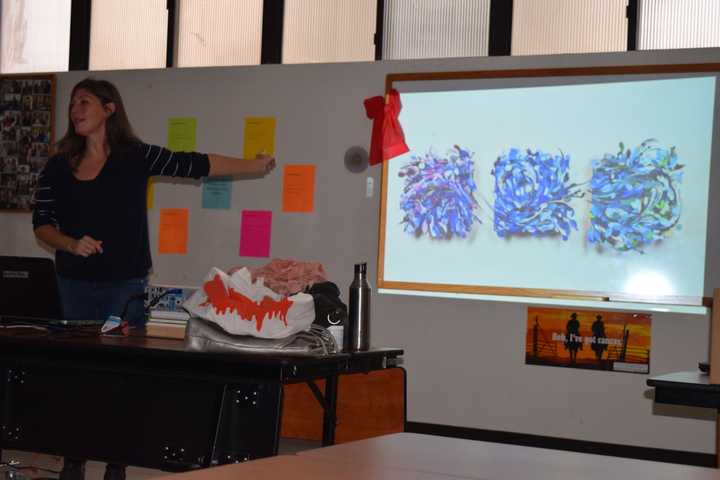 Aurora Robson talks about her art made out of discarded materials on the recent visit to Fox Lane Middle/High School.