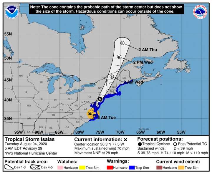 A look at the latest projected track for Isaias, released Tuesday morning, Aug. 4 by the National Hurricane Center.