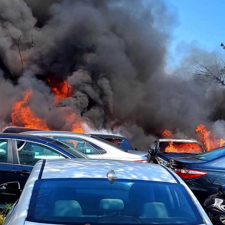 Dozens of cars were destroyed outside the Huntington Hilton when a fire broke out.