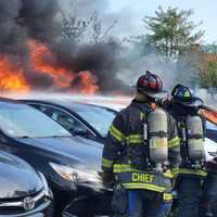 <p>Dozens of cars were destroyed outside the Huntington Hilton when a fire broke out.</p>