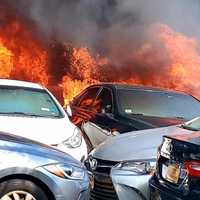 <p>Dozens of cars were destroyed outside the Huntington Hilton when a fire broke out.</p>