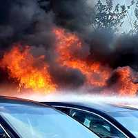 <p>Dozens of cars were destroyed outside the Huntington Hilton when a fire broke out.</p>