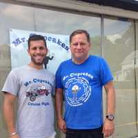 <p>Johnny Manganiotis, left, and his father John Manganiotis outside of Mr. Cupcakes new location at 684 Lafayette Ave., in Hawthorne.</p>