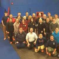 <p>Members from Allendale, Ramsey, Waldrick and HoHoKus EMS and fire departments train at SkyZone in Allendale.</p>