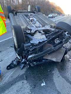 PHOTOS: Hyundai Collides With Dump Truck, Overturns On Route 78 In Hunterdon County