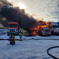 <p>Pounds of bleach and vegetables burned four tractor-trailers caught on fire at an area truck stop.</p>