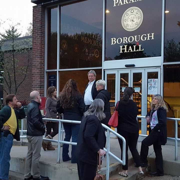 Emerson Mayor Lou Lamatina with animal rights advocates outside Paramus Borough Hall.