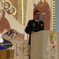 <p>Fernando Moreno-Rivas, who was killed in a wrong-way crash on Route 8, speaks at a Veterans Day event at Notre Dame High School in Fairfield. Fernando Moreno-Rivas was an Army medic.</p>