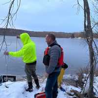 <p>The deer was quickly wrangled to shore by Hope Volunteer Fire Department members Francis Giambrone and Terry Urfer.</p>