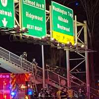 <p>The SUV crashed onto the steps of the pedestrian bridge on Route 17 near Linwood Avenue.</p>