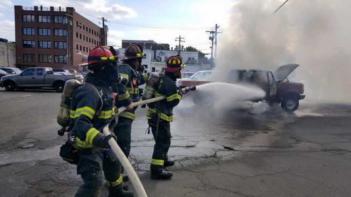 The Suffern Fire Department had to use extreme caution extinguishing a pickup fire on Tuesday due to ammunition in the cab of the truck.