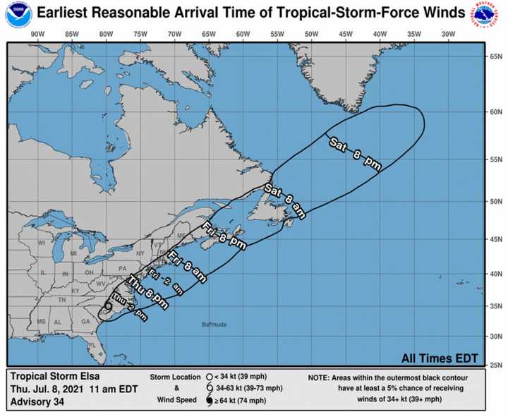 Tropical Storm Elsa&#x27;s projected path.