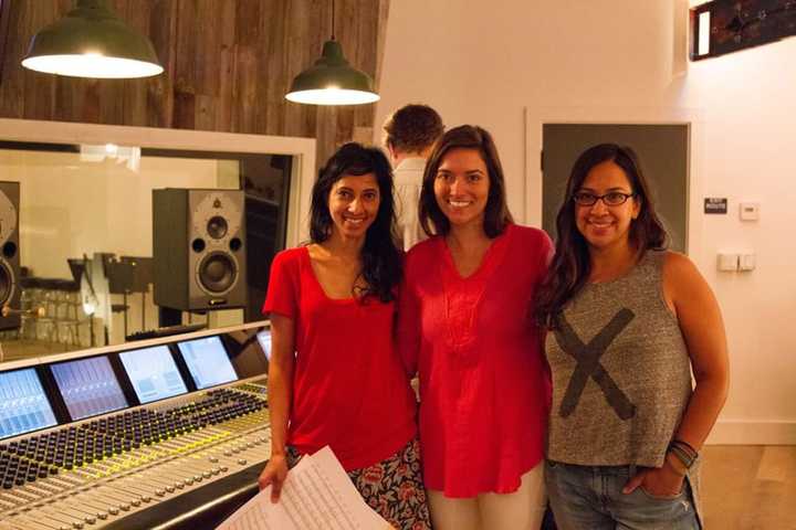 Composer Amritha Vaz in the studio with &#x27;Little Stones&#x27; Director/Producer Sophia Kruz and Cinematographer/Co-Producer Meena Sing.