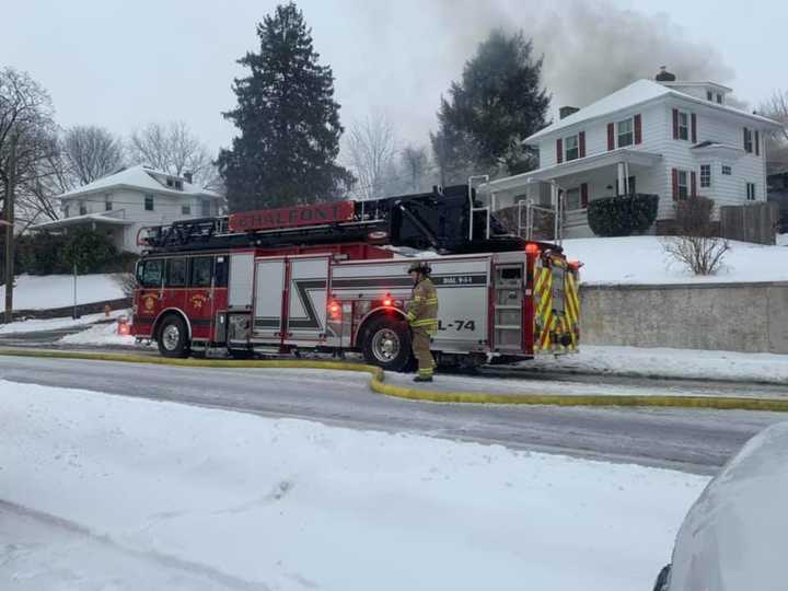 Fire crews tackled a garage blaze in Chalfont Borough, Bucks County during Thursday&#x27;s snowstorm, authorities said.