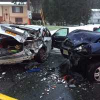 <p>Ramapo Valley Ambulance took one of the drivers in the Sterling Mine Road crash just after 7 a.m. to the hospital with minor injuries.</p>