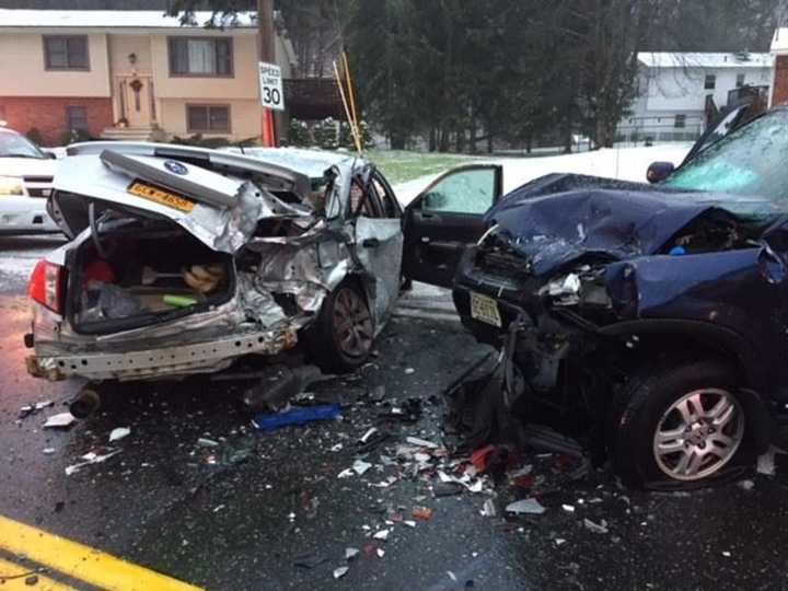 Ramapo Valley Ambulance took one of the drivers in the Sterling Mine Road crash just after 7 a.m. to the hospital with minor injuries.