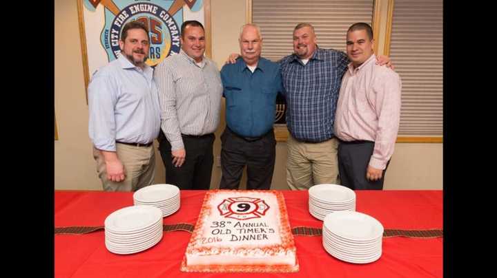 Artie Kunz Sr, center, is flanked by, from left- President Bob Griffin, son Tim (current 1st Asst. Chief), son Artie Jr. (Chief 2010-2011) and current Chief Dennis Rodriguez.