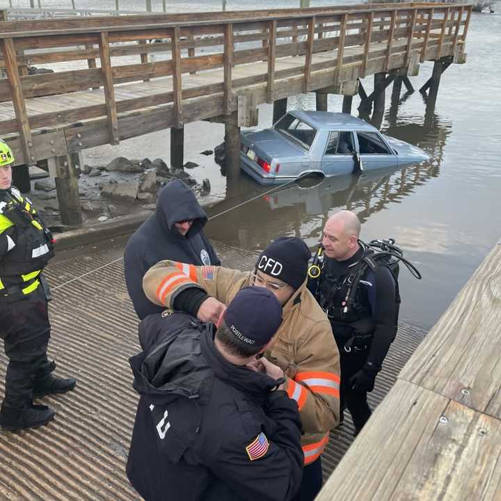 A Ridley driver was rescued from his car after it submerged 15 feet into the Delaware River Monday, authorities said.