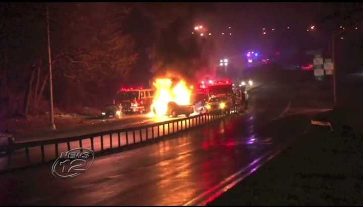 A wrong-way driver&#x27;s car went up in flames after he struck another motorist on the Saw Mill River Parkway in Yonkers.