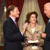 <p>U.S. Sen. Richard Blumenthal, a Democrat from Greenwich, was sworn in Tuesday for his second term by Vice President Joe Biden. With them is his wife, Cynthia Blumenthal.</p>