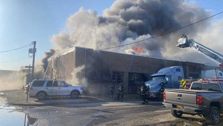 The five-alarm commercial fire in New Cassel.