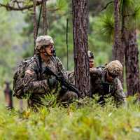 <p>New York Army National Guard infantrymen assigned to Co. C, 1st Battalion, 69th Infantry based in New York City assault an objective during live-fire training at Ft. Polk, La.,</p>