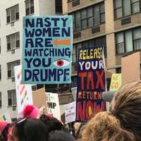 <p>&quot;Nasty Women are Watching You Drumpf&quot; reads a sign at the New York City Women&#x27;s March.</p>