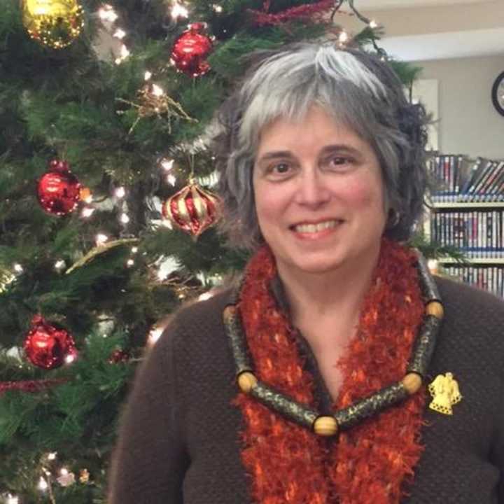 Pat Mack of the Franklin Lakes Library wears her homemade necklace.