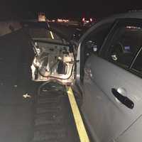 <p>A car driven by a drunken driver slammed into a State Police cruiser on I-95 at the scene of a broken down bus.</p>