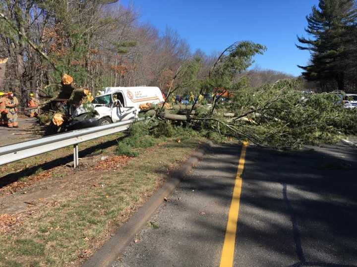 A tree fell on a vehicle on the Merritt Parkway southbound near the Derby/Orange Exit 58. Injuries were reported, and extrication was needed.