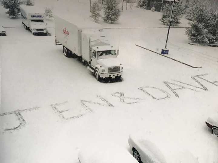 Jen and Dave Russo of Glen Rock have been together for 19 years March 14. They&#x27;re celebrating the same way they did in 1998 — with snow. David&#x27;s brother-in-law carved their names into the snow during the 1998 storm on their wedding day.