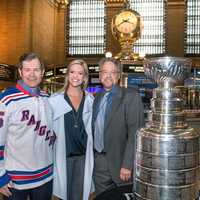 <p>Rangers icon Mike Richter joined NBC Sports&#x27; Kathryn Tappen and MTA President Joseph Giulietti with the Cup.</p>