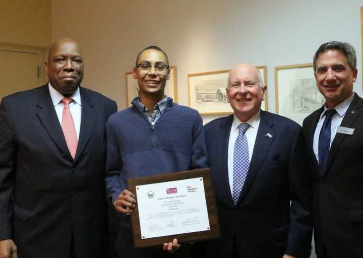 TEAM Westport Chair Harold Bailey Jr., essay competition winner Chet Ellis; First Selectman Jim Marpe and Westport Library Executive Director Bill Harmer.