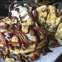 <p>Chocolate-chip-cookie-dough pancakes at Brownstone Pancake Factory.</p>