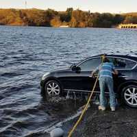 <p>The car is successfully pulled from Lake Zoar by a towing company.</p>