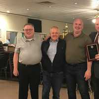 <p>Sgt DiStasio with members of the police department, both active and retired, as well as receiving a commemorative plaque and kind words from Sheriff Gannon,  County Commissioner Douglas Cabana and Mt Arlington Borough Council President Jack Delaney</p>