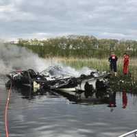 <p>The boat, stuck on a sandbar in the Housatonic River, is destroyed by the fire on Tuesday afternoon.</p>